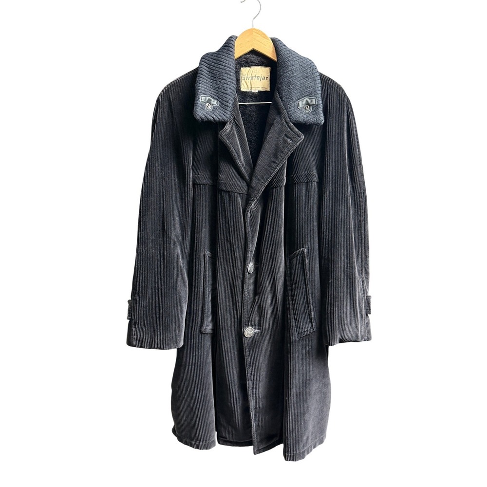Vintage 60s 70s Stratojac Men 42 Black Corduroy Faux Fur Lined Car Coat